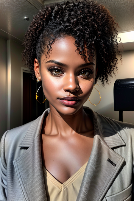 <lora:jordan_coleman-10:0.9>, jordan_coleman, masterpiece, high quality, highres, (realistic:1.2), hyperrealistic, ultra-detailed, short curly hair, beautiful eyes,  earrings , office lady, <lora:more_details:1.5> face, solo focus, inticate details, (ambient lightning:1.4),