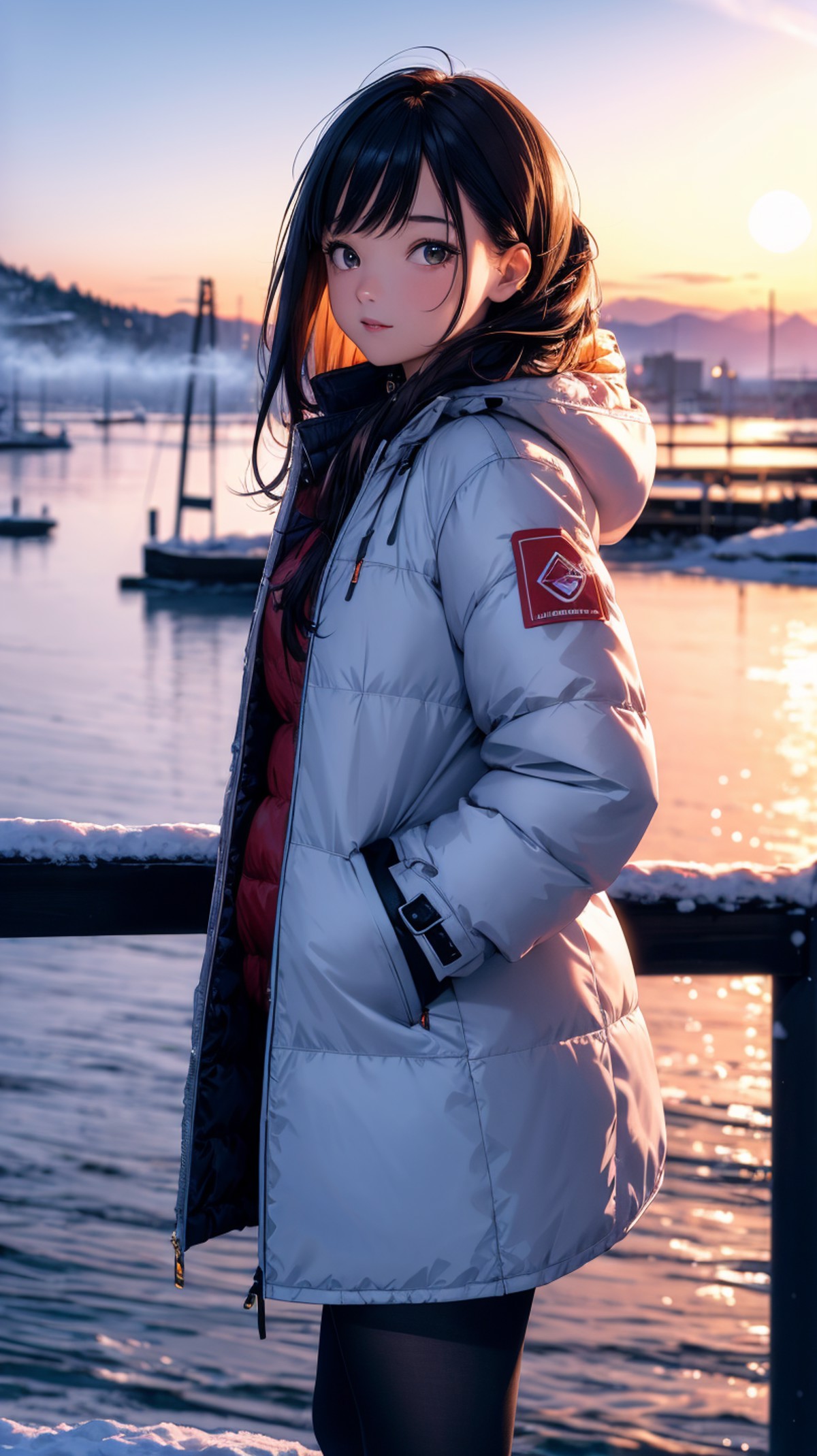 ((ultra detailed,ultra high res,detailed background)),1girl, looking at viewer, night sky, bay, sunset, coat, snow, fog,