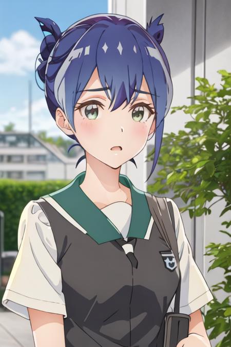 best quality, masterpiece, highres, solo, {mamiya_kanoko_watashinoyuriwaoshigotodesu:1.15}, blue_hair, green_eyes, blush, bangs, closed_mouth, short_hair, purple_hair, 2girls, multiple_girls, school_uniform, hair_bun, single_hair_bun, green_shirt, blonde_hair, open_mouth, sailor_collar, solo_focus