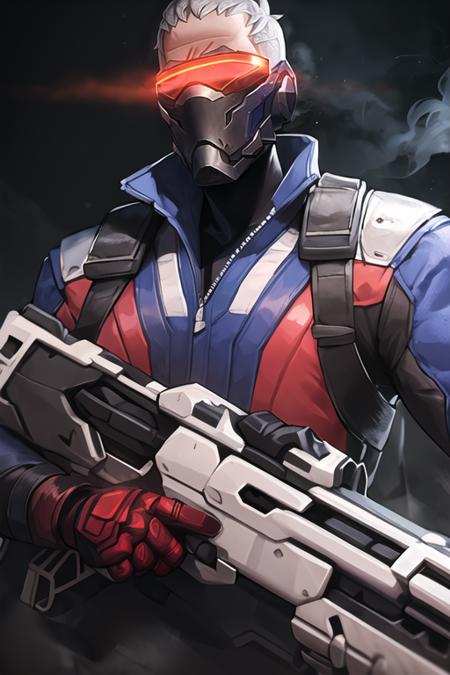 soldier76, mask, glowing visor, jacket,  red gloves, white hair, upper body, holding gun, assault rifle, weapon, smoke, low light, best quality, <lora:soldier76:0.7>