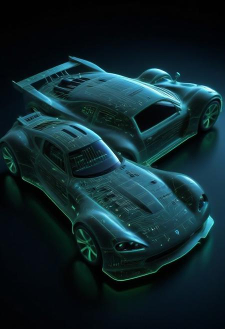futuristic sports car made of circuit board materials, (aerodynamic body panels with microchip textures:1.4), (neon circuitry running across chassis:1.5), wheels like rotating capacitors, realistic lighting reflections, studio shot with black background, sci-fi automotive design, precision engineering, blue and green LED details, high detail concept art, (TzigoCBS), lazympos, lazyneg, lazyxxx