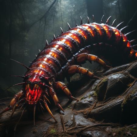 highly detailed documentary photo of giant centipede:1.3,

red body, teeth, open mouth, realistic, glowing, spikes

masterpiece, best quality:1.1, 

ultra photoreal, photorealistic:1.0, sharp focus:1.1, 
depth of field:1.1, 

50mm, style of Nathan Wirth, Hasselblad X1D II, Porta 160,
