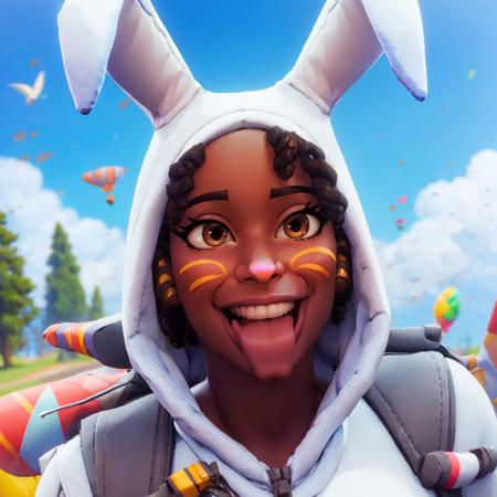 a woman flying with a paraglider, (full body) <lora:Bunny BrawlerLunaLoRA:1> luna, dressed, bunny, with, ears, and, mask, big smile, beautiful eyes, beautiful girl, high detail skin, high detail eyes, high detail hair, highres, ultra detailed, horny smile, Highly detailed,masterpiece, best quality