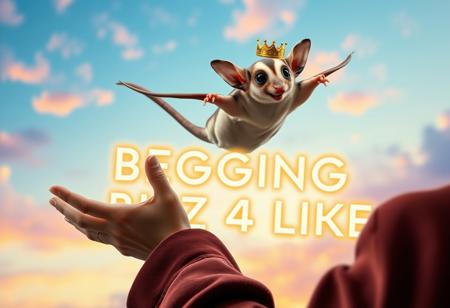 “A highly elegant sugar glider soaring happily through the air towards its owner. The scene is surreal, with a dreamy, colorful sky in the background. The sugar glider has an exaggerated, almost regal posture, with a tiny golden crown on its head. The owner, looking surprised, is reaching out with open hands. A massive, neon-style text in the background reads ‘BEGGING 4 BUZZ & LIKE ^_^’, glowing dramatically. The entire composition has a playful, chaotic energy, blending elegance with internet meme culture.”