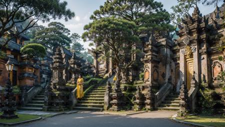 landscape, baligapura gate, stone statue, wall stone, village, stone stairs, yellow cloth, detailed, ornament, bali, tree, grass, flower, frangipani flower tree, epic, dawn, night, moon, yellow light lamp, fog, dramatic lighting, dim light, bokeh, <lora:ARWBaliGapura:1>  <lora:epi_noiseoffset2:0.4> advntr