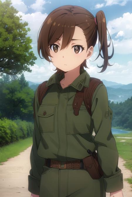 shinokuribayashi, <lora:shino kuribayashi s1s2-lora-nochekaiser:1>,
shino kuribayashi, short hair, brown hair, (brown eyes:1.5), side ponytail,
BREAK belt, uniform, military, military uniform,
BREAK outdoors, forest, nature, sun, sky, clouds, trees, grass,
BREAK looking at viewer, (cowboy shot:1.5),
BREAK <lyco:GoodHands-beta2:1>, (masterpiece:1.2), best quality, high resolution, unity 8k wallpaper, (illustration:0.8), (beautiful detailed eyes:1.6), extremely detailed face, perfect lighting, extremely detailed CG, (perfect hands, perfect anatomy),