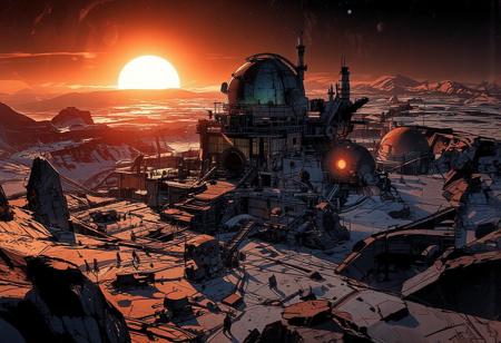 Aerial view, looking down upon a massive lunar crater. A scientific research station, almost a futuristic city, stands in the middle of this vast lunar basin. Large boulders and small rocky spurs are scattered throughout the landscape.
The station’s architecture is sleek and harmonious, made of glass and steel. A grand building with a colossal astronomical observatory dome dominates the other structures. Multiple platforms host residential and research facilities, with scattered lights, intricate staircases, and numerous antennas. The city is surrounded by an immense expanse of frozen rock, with the crater’s edge forming a colossal belt around the lunar habitation structures.
Several smaller research domes, pipelines, conduits, and massive extraction machines fill the foreground, where activity is bustling across the plain. An astroport is situated behind the station. The sky is intensely illuminated as the sun begins to set, casting an orange and bluish glow over the frozen city. The air is frigid, with ice crystals drifting in the wind, lifting snow and dust just above the ground. In the vastness of space, Earth can be seen setting on the horizon.