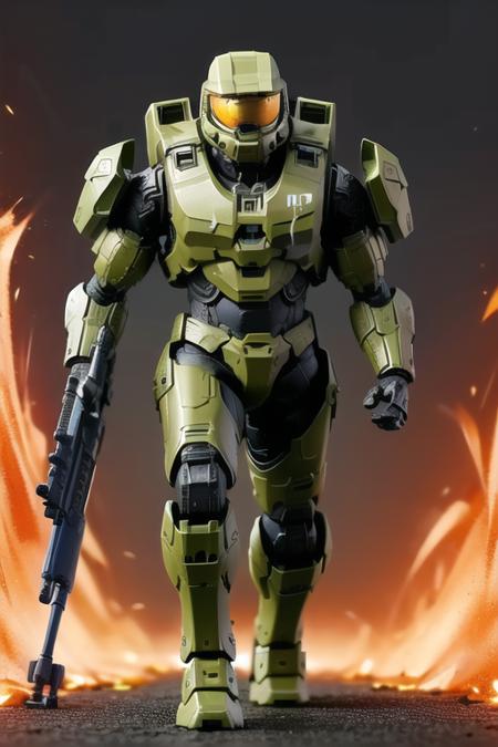 Best quality, masterpiece,
1boy,  <lora:masterchief:0.7>, masterchief, armor, belt, energy_gun, full_armor, helmet, machinery, mecha, no_humans, pilot, pilot_suit, power_armor, robot, solo,
walking, fire background, Holding a giant rifle in both hands,