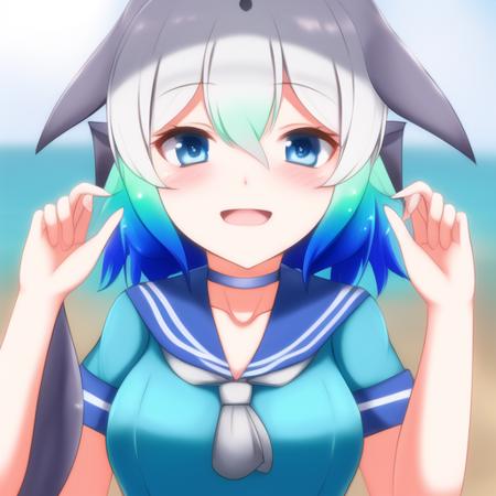 <lora:cbd:0.8>, cbd, solo, 1girl, blue hair, blue eyes, short sleeves, short hair, grey hair, sailor collar, light blue frilled sailor dress, dolphin tail, dorsal fin, blowhole, neckerchief, japari symbol, gradient hair, hair between eyes, bangs, head fins, dolphin girl, choker, collarbone, anchor symbol, detailed shading, detailed ambient light