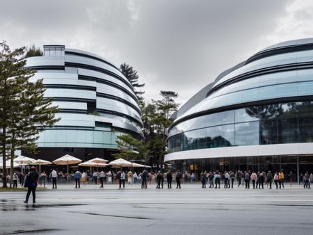 RAW photo, (avant garde building from outside), frontal elevation, curvilinear, white sky, (diffused light:1) <lora:MIR-v3:0.6> (translucent white glass), super reflective metal, biomorphic style, by Kengo Kuma, fog, (warm interior light:1), (open plaza with people), architecture photography, hyper realistic, super detailed, 8k, Nikon Z6 Mirrorless Camera, film grain