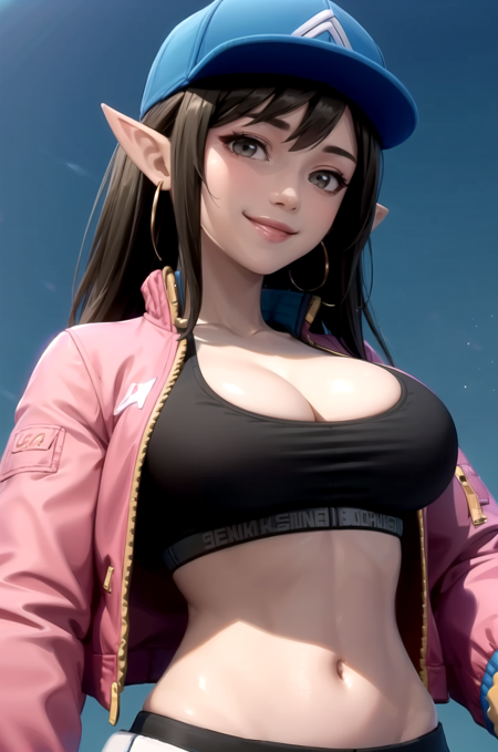 SSYing, fishnet thighhighs, cropped jacket, sports bra, pink jacket, baseball cap, boots, cleavage, earrings, pointy ears denim skirt, mini skirt, long hair