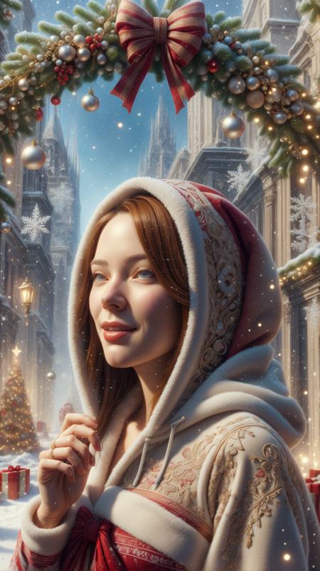 <lora:ChristmasDecorativeStyle:1>ChristmasDecorativeStyle Portrait of a young woman wearing a hooded robe, non-centered shot, unique pose, intricate, elegant, highly detailed, digital painting, artstation, concept art, smooth, sharp focus, illustration, art by artgerm and greg rutkowski and alphonse mucha, by beksinski, (Masterpiece:1.3) (best quality:1.2) (high quality:1.1)