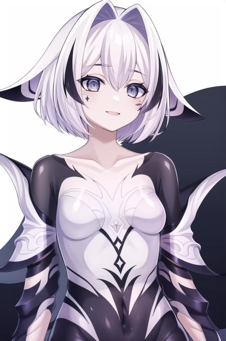 General prompt: <lora:KiliaKurayami-v1-06:0.7>, ChopioKiliaKurayami, head fins, white hair, black hair, short hair, streaked hair, hair intakes, hair between eyes, facial mark, grey eyes, white skins, (looking at viewer:1.3), Outfit_1: outfit_1, bodysuit, skin tight, detatched sleeves, gem, covered navel, wide sleeves, purple hands, cetacean tail, blue tongue, sharp teeth,