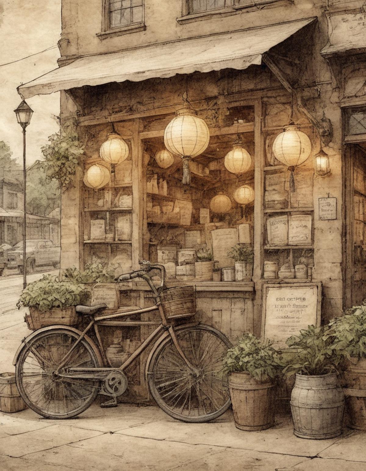 A bicycle parked in front of a store with hanging lanterns and potted plants.