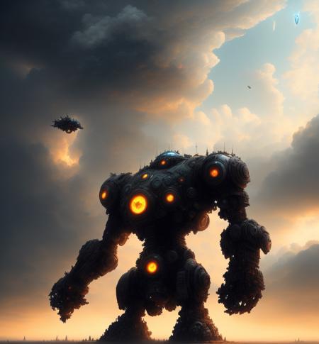 a giant robot in front of a cloudy sky, fight, bsft