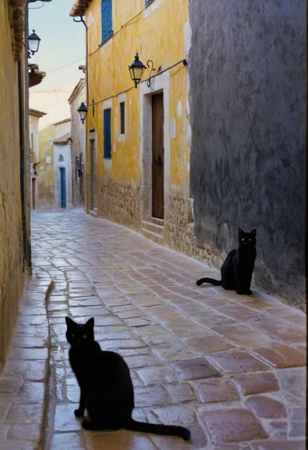 soaked_kaffee, 2 black cats having fun on a very old street, somehwere in spain, hard shadows, film grain