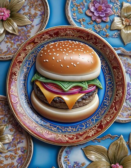hamburger on a oriental plate <lora:novuschroma54 style:1> novuschroma54 style