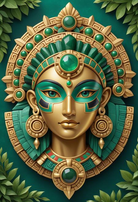 A stunning depiction of a Mayan sun god mask intricately crafted in gold and green jade hues. The mask's symmetrical design features mesmerizing teal gemstones set into its eyes, surrounded by elaborate carvings and patterns representing ancient Mayan iconography. Ornamental details like coiled spirals, geometric motifs, and hanging emerald-green spheres add depth and regality to the artifact. The background highlights lush greenery and symbols of nature, blending cultural spirituality with vibrant natural elements.
