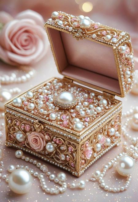 Gold, diamonds, and pearls. A intricate gold filigree pink floral jewelry box. Roses, flowers. Beautiful luxury jewelry. Rings, necklaces, bracelets. glittering colorful Pearly beautiful stunning jewels. Pearlum, iridescent shimmering, soft bokeh background, fairytale, magical romantic masterpiece, best quality, amazing quality, very aesthetic, high res, detailed