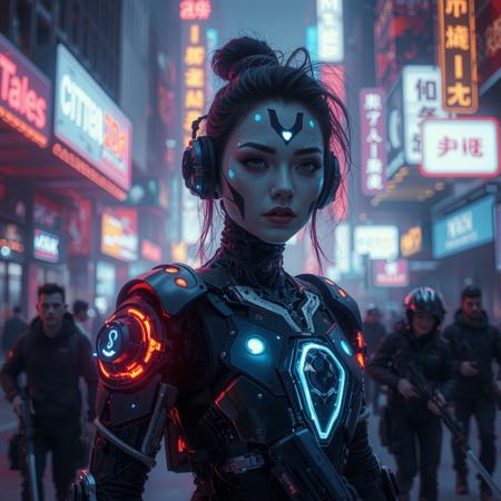 cinematic film still a cyberpunk girl with glowing, high-tech armor leading a resistance group through the neon-lit streets of a dystopian city, her mechanical parts blending with organic beauty. shallow depth of field, vignette, highly detailed, high budget, bokeh, cinemascope, moody, epic, gorgeous, film grain, grainy