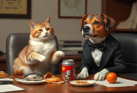 A cat and a dog, sitting at a office desk. They are dividing food amongst each other. A mouse and fish on the cat's side, canned food and a ball on the dog's side. 
The dog has a tuxedo on, and the cat has a french barret on.