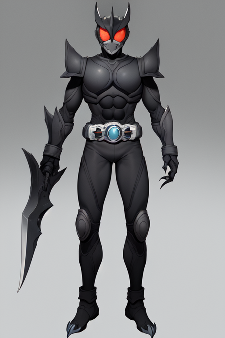 full body, solo, (Grey armor:1.5), black bodysuit, (Grey eyes:1.5), (claw /(weapon/):1.2), (claw /(weapon/):1.2), helmet, tokusatsu, belt