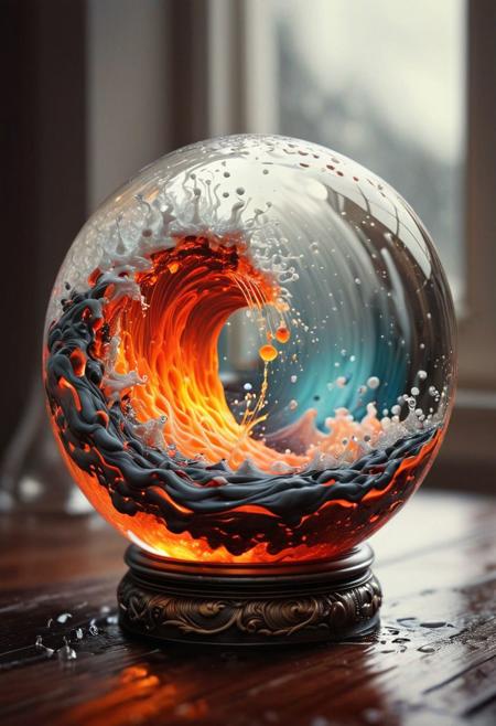 ultradetailed ultrarealistic, of a lava avalanche in a glass sphere, a perfect photography by Mark Mann and Ashraful Arefin ,muted wet colors, intricate artwork masterpiece <lora:hyperkraximalism_v1-1:0.25>