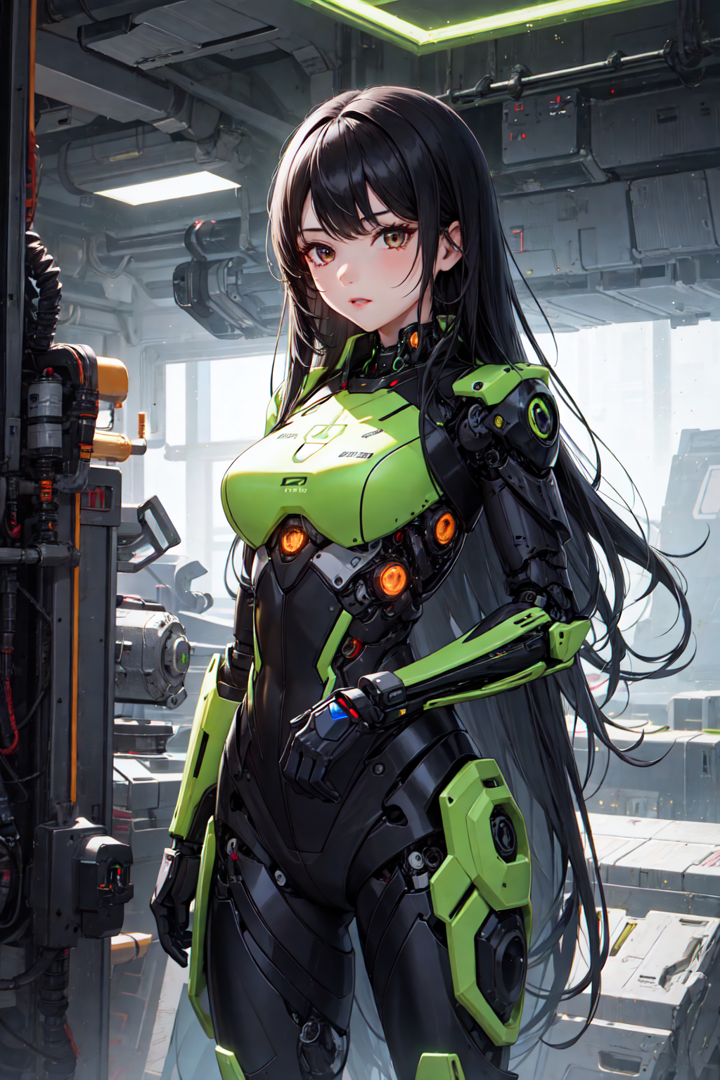 1girl, very long black hair with green detials, brown eyes, exoskeleton, cyborg, mechanical parts, science fiction,