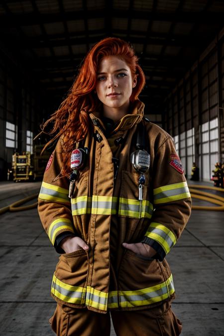 firefighter costume ,  hangar , dusk <lora:Rose_Leslie:1> masterpiece, best quality, detailed face, a mature r1873l, 1girl, solo, red hair,