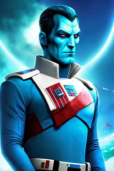 photo of thrawn, an alien, wearing a star wars imperial uniform, (blue skin:1.5), (red eyes:1.3), (colored skin,:1.1), detailed face