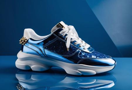 A high-gloss photo of a pair unique, high-end sneakers on display. The sneakers are adorned with luxurious materials. The image is cinematic, close-up, and raw, with a blue background. The setting gives off a luxurious and exclusive vibe, resembling a high-fashion photoshoot.