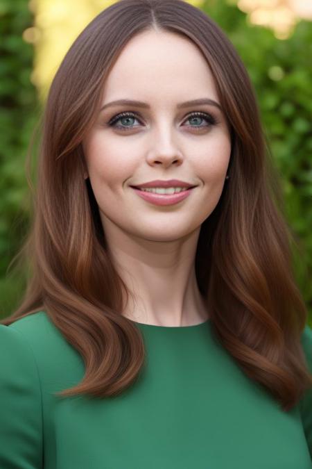 Picture, best quality, in a lush garden with plants and flowers, portrait photo of beautiful Koh_FelicityJones smiling, wearing a red gala dress, looking at viewer, perfect face, perfect eyes, sharp focus