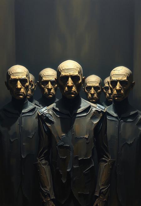 A group of solemn figures standing in a dimly lit space, their features eroded by thick, sculptural paint, as if frozen in time or lost in thought.raw expressive brushwork, dark textured surfaces, deeply psychological and symbolic, muted earthy tones with deep shadows, sculptural and painterly realism, emotional distortion, existential and mystical themes, semi-abstract fluidity