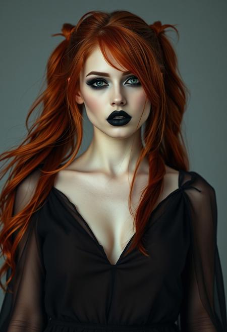 A stunning 25-year-old woman with flowing, fiery red hair styled in long, loose, high pigtails that cascade down her back. Her pale skin is contrasted by dramatic, smoky eye makeup, smeared and smudged with a touch of rebellious sensuality. Her deep, matte black lipstick is smeared wildly across her lips, a bold, imperfect look that exudes confidence and raw allure. The deliberate chaos of her makeup, as if smudged by a careless, confident hand, adds to her enigmatic charm. She wears a flowing, elegant gothic dress that accentuates her curves. With a sensual yet dominant gaze, she steps forward, inviting the viewer into her world of darkness and allure.