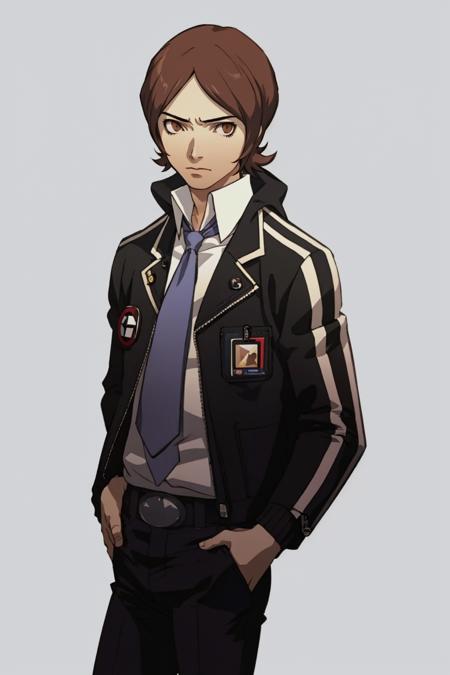 masterpiece, best quality, solo, 1boy, looking at viewer, <lora:P3-Protraits_Fp:0.8>, simple background, <lora:Tatsuya_Fp:1>, tatsuyais, school uniform, necktie, pants, standing, (black jacket), black pants, hand in pocket,