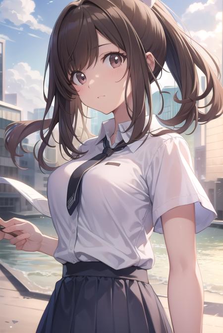 kogane tsukioka, (brown eyes:1.5), brown hair, hair tie, ponytail, bare legs, blue skirt, collarbone, collared shirt, miniskirt, shirt, short sleeves, skirt, tented shirt, tied shirt, tight clothes, tight shirt, white shirt, wing collar,