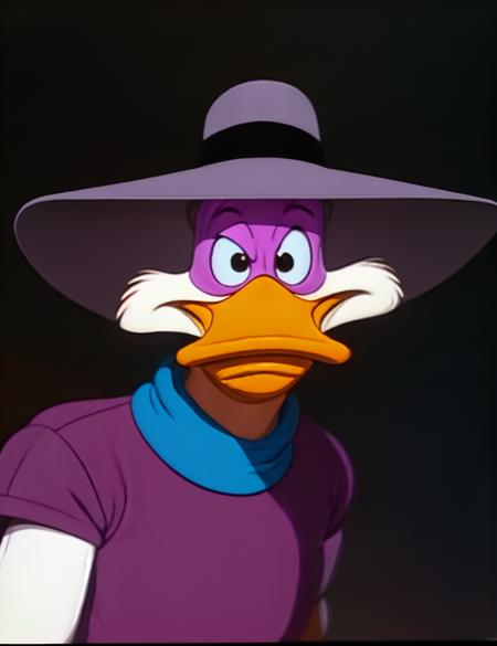 <lora:drwd3:0.7> cartoon, drwd, duck, hat, his, purple, wearing, art by Frank Frazetta, 25mm, f11,  [(dimmed, night, dark:1.5) ::0.5], retro style (by Katsuhiro Otomo), (Dvd Screengrab of 1985's BBC television)