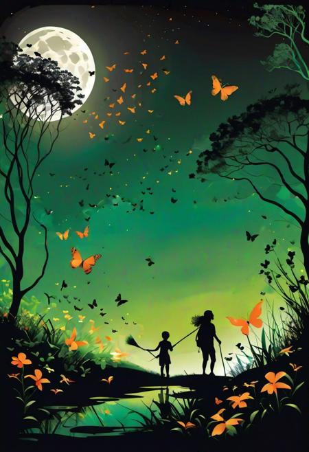 Black and white silhouette vector art, (Moonlit night:1.2), Kids playing in the distance, (Sweeping light:1.3), Flower-shaped glow, Butterflies in flight, (Vibrant green and orange accents:1.2), Noir art style, Dramatic composition, Intricate details, Enchanting atmosphere.