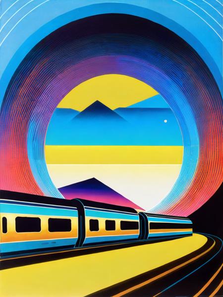 <lora:HiroshiNagai:1>a painting of a train going through a tunnel with a sunset in the background by Hiroshi Nagai