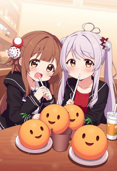 Two animated characters, a cute girl and a girl in a black jacket sit at a table with smiling orange fruits. straw, open mouth, table, brown eyes, bright pupils, white pupils, indoors, burger, cup, jacket, red shirt, hair accessory, hair ball, sweat beads, shirt, long sleeves, twintails, long hair, skirt, disposable cup