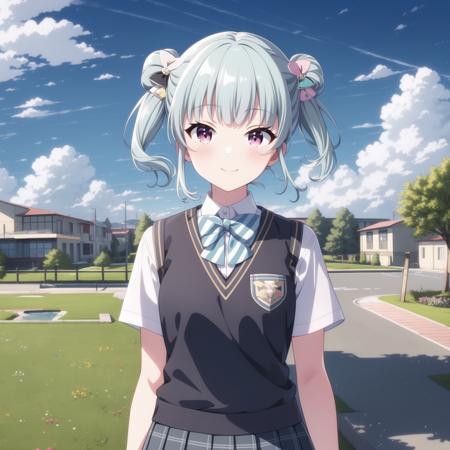 (masterpiece, best quality), 1girl, solo, hyodo shizuku, school_uniform, <lora:szk-000008:0.75>, smile, blush, school, yard, sky, day, cloud