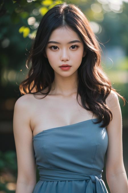 (MASTERPIECE:1. 2), (REALISTIC:1. 4), (POST PROCESSING:1. 3), (SHARP FOCUS:1. 3), 8K, mid body shot (85mm photo) , A Woman, Portrait, outdoor, Empire Waist dress, bokeh, wavy hair , (highly detailed body, highly detailed face, highly detailed eye, best quality:1. 2)