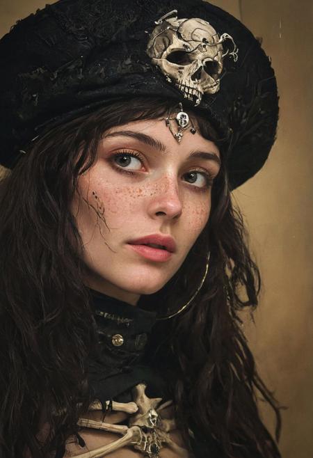 assassinkahb style, A Closeup Portrait of a blushed slightly light smiling Pale skinned woman with skeleton Face and Long tousled black Hair, in Argyle/caro printed bodysuit with Jesper hat, camo-black, Biker leather jacket, high collar, a scene with vibrant purple and grey details, baroque, very detailed Iris Made of nano Elements, amazing quality, masterpiece, best quality, hyper detailed, ultra detailed, UHD, perfect anatomy, portrait, dof, hyper-realism, majestic, awesome, inspiring,: A Bedouin woman, adorned in a weathered cyberpunk top hat towering high above, brandishing a cane, and bellowing commands under the spotlight's glow.. cinematic, global illumination, very detailed, atmospheric haze, Film grain, shallow depth of field, highly detailed, high budget, cinemascope, moody, epic, photorealistic, candid camera, color graded cinematic, eye catchlights, atmospheric lighting, imperfections, natural, shallow dof, The Closeup Portrait of a beautiful freckled and tanned Yukip Girl, blushed smile,