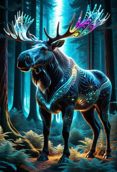 massive moose, covered in glowing fractal patterns, fur made of geometric crystal shapes, bioluminescent vines wrapped around its body, ancient forest background, mystical aura, powerful and majestic stance, surreal creature design, cinematic lighting, ultra-detailed fur texture, fantasy creature concept art, glowing eyes, 8k resolution, epic atmosphere, god-like presence, fractangles