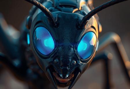 "High-res 4K depiction of a Cyber Raider with an ant's head, emphasizing vivid blue eyes and antennae. The ant's head is the central focus, with a dark blue Cyber Raider body in the foreground. The image boasts exceptional quality, lifelike details, sharp lines, harmonious colors, and a captivating matte painting. A dynamic action pose, vivid emotions, and a powerful message are showcased with the help of Octane Render and Unreal Engine 5. A trending masterpiece on Artstation and CGSociety, created in the style of Greg Rutkowski."