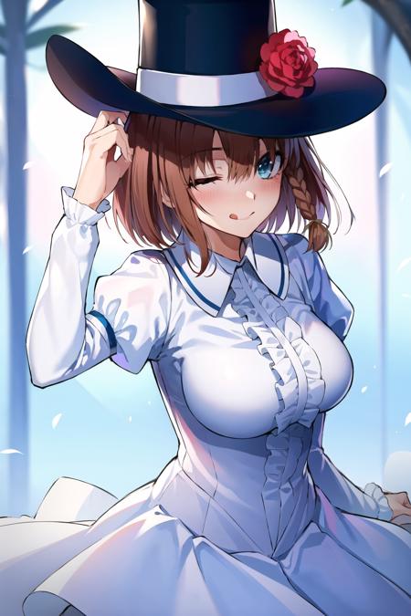 (masterpiece:1.3), (best quality:1.2), (illustration:1.2),1girl,cowboy shot,underbust,charlotte_corday_\(fate\),(charlotte_corday_\(dress\):1.6),solo,hat ,short hair,blush,side braid,full-face_blush,<lora:charlotte0451:0.8>,(charlotte_corday_\(top hat\):1.5),aqua eyes,looking at viewer,hand on own chest, clenched_hand,frost, tree, hat flower, (mini hat:1.1), sunlight, sun,leaf,(red rose:0.6), (one_eye_closed:1.1),tongue out, ;q,hand on headwear, white dress,