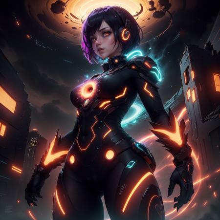 <lora:InfraBlackholeTech-20:0.8>,inblackholetech  , ,scifi, blackhole, excessive energy, monster girl,colored glowing  hair ,
1girl, short hair, tomboy, living weapon ,