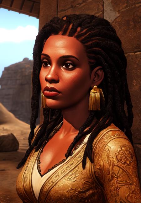 a woman, <lora:Redguard-Female:0.8>, Redguard-Female, 1girl, solo, portrait, dreadlocks,, (masterpiece, best quality, absurdres, detailed, ultra-detailed:1.3), gorgeous