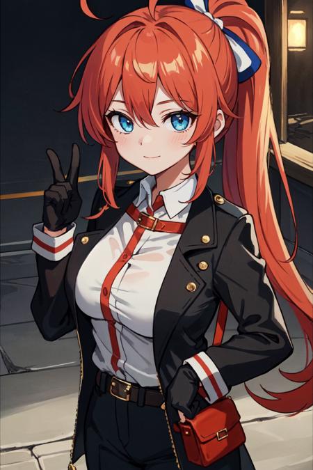 (masterpiece:1.2, best quality:1.1), looking at viewer, full_body, 1girl, solo, red hair, long hair, ponytail, ahoge, blue eyes, hair between eyes, large breasts, smile, gloves, black gloves, black jacket,  jacket, belt, bangs, long sleeves, snap-fit buckle, open jacket, open clothes, sidelocks, pouch,, Ray Tracing, (8k), (4k), Global Illumination, Brilliant Colorful Paintings, Dramatic Shadow, An Extremely Delicate And Beautiful, Best Shadows, extremely detailed, intricate, sharp focus, hyper detailed, Shallow Depth of Field, Dramatic Lighting,