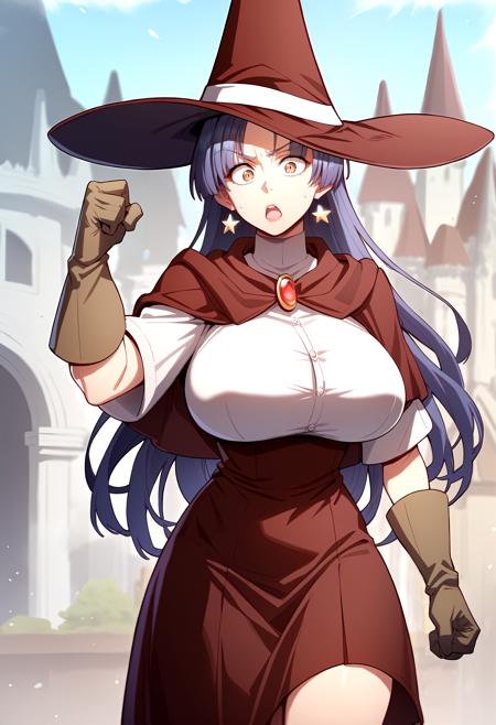 red witch hat, long hair, jewelry, star earrings, bangs, purple hair, blue hair, brown eyes brown gloves, white shirt, brooch, red capelet, red high-waist skirt